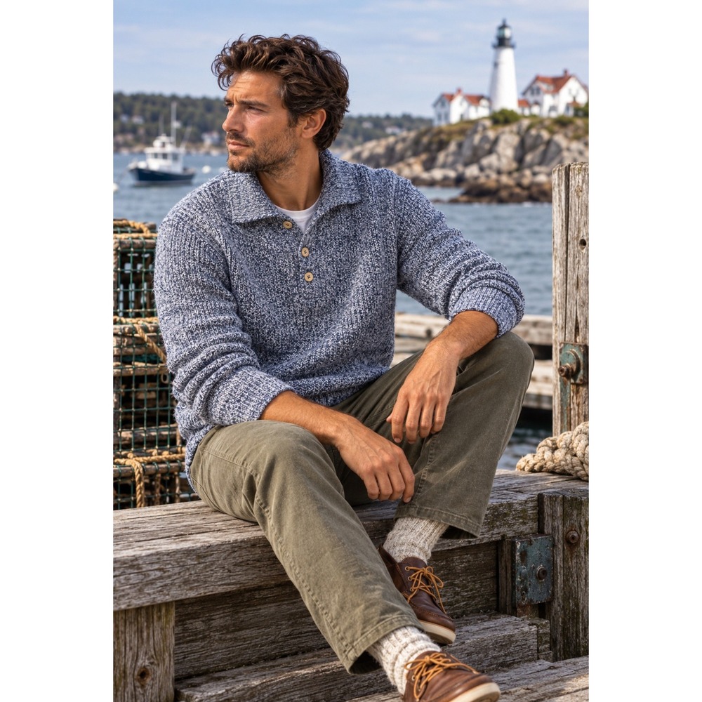 Vtg 80's LL Bean Fisherman Henley Blue Marled Ribbed Sweater Mens Large USA Made